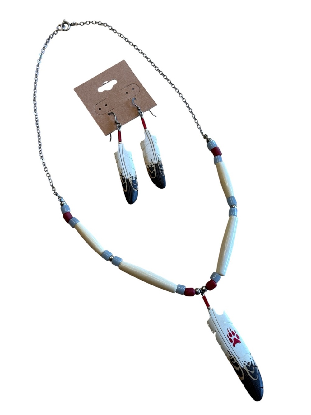 Eagle Feather Bone Hand Carved Necklace and Earrings set. Native American